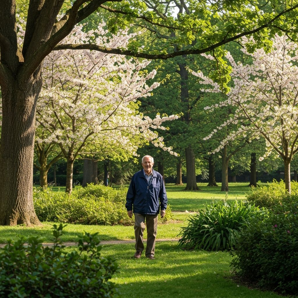 Person taking a peaceful walk through a green park
